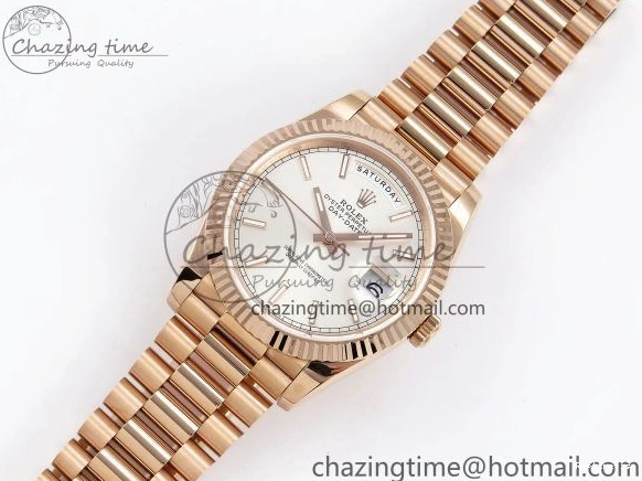 0109 OnTrend DayDate 40 RG JDF 904L Steel Silver Stick Dial on President Bracelet VR3255 V3 (Gain Weight) 1360